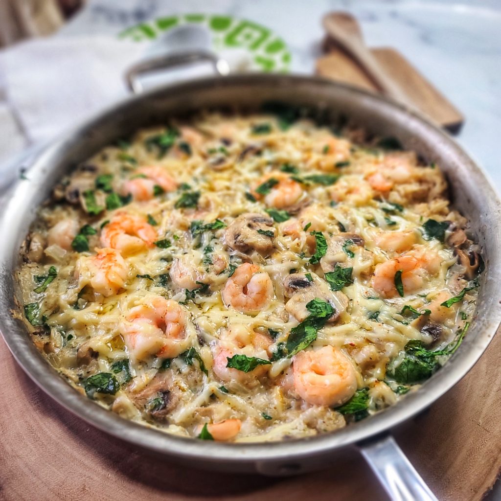 Prep to plate in 30 minutes! You can also make ahead and store this shrimp casserole in the fridge until ready to bake. Loaded with protein, veggies and healthy whole grains in a comforting, cheddar cheese sauce.