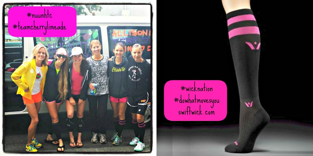Some teammates sporting their cute pink-striped "twelves" compression socks by Swiftwick. Not wearing mine yet because my first leg wasn't for 12 more hours!
