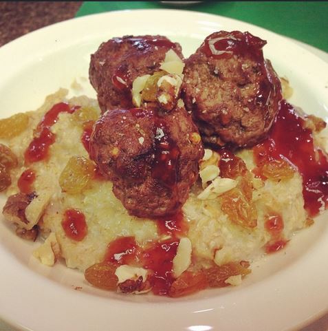 Meatballs and oatmeal for breakfast