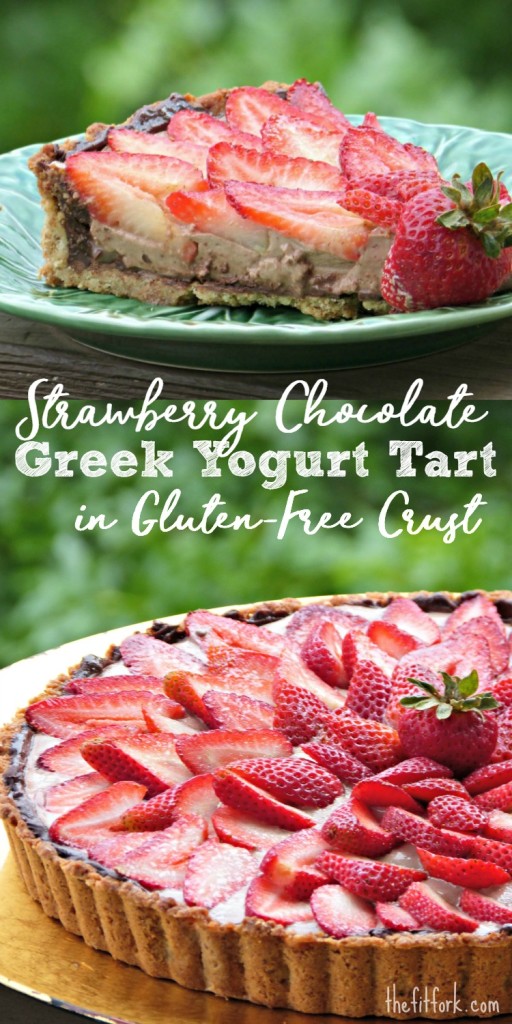Strawberry Chocolate Greek Yogurt Tart in Gluten Free Crust is a healthy dessert option for all your spring and summer celebrations including Easter, Mother's Day, Fourth of July and more! 