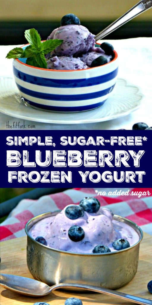 Simple Sugar Free Blueberry Frozen Yogurt -- a healthy treat and option to ice crean that has 57 calories per half-cup serving and 5 grams protein with less than 1g fat and 6g net carb. 