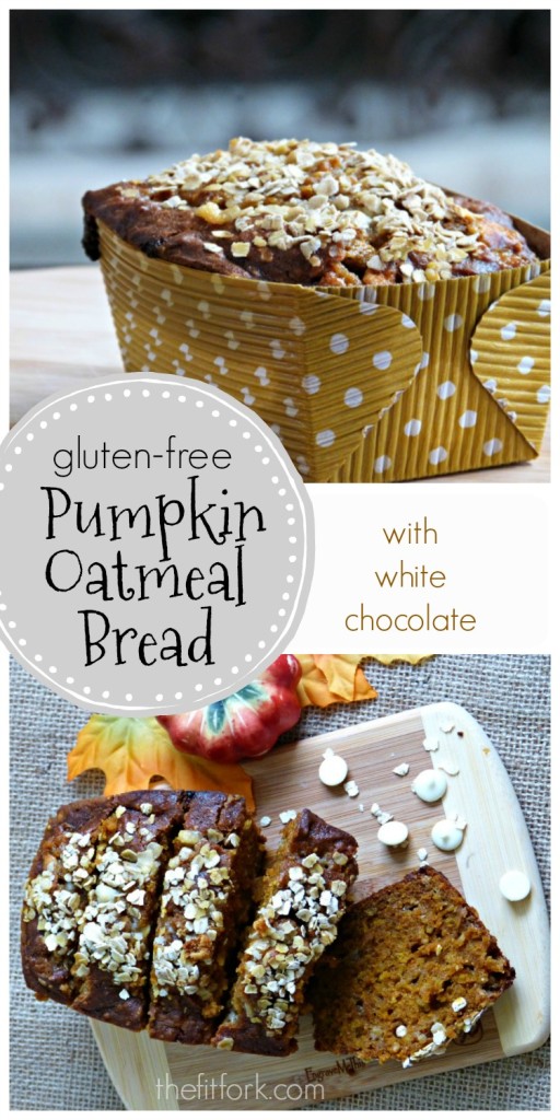 Gluten-free Pumpkin Oatmeal Bread with White chocolate chips is a delicious snack or breakfast -- freezes well too!