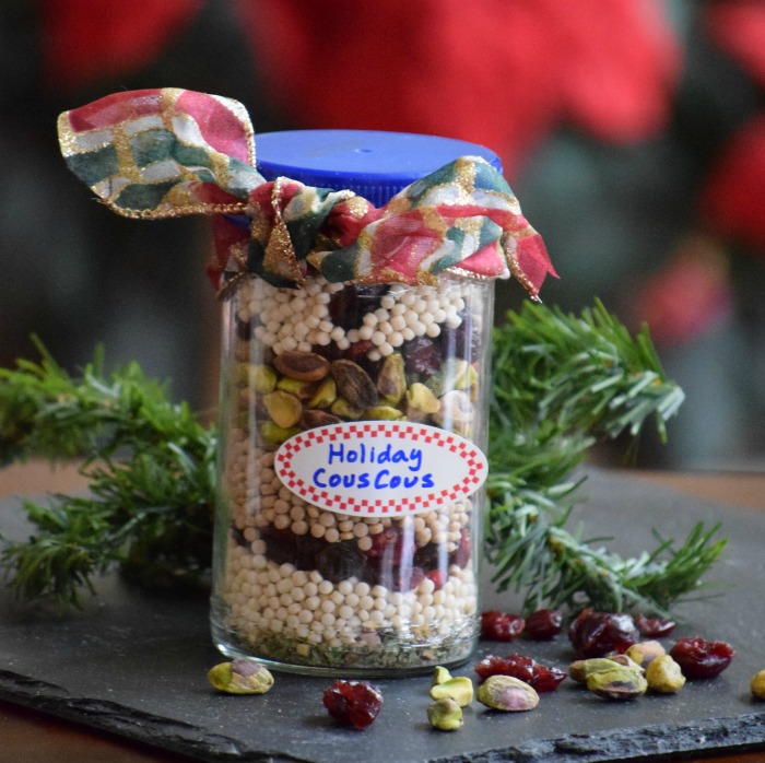 jar of cranberry pistachio couscous mix for gifts