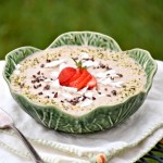 Coconut Chai Smoothie Bowl makes a healthy breakfast or dessert dressed up with cacao nibs, hemp seeds and strawberries.