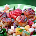 Scallops dusted with cumin and quickly pan seared make a quick and healthy dinner -- especially atop Strawberry, Jicama and Jalapeno Confetti Salad