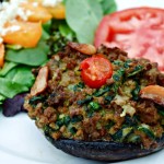 Pesto, Spinach and Roast Garlic Stuffed Mushrooms are made with Beefless Ground and makes a satisfying vegetarian or vegan dinner.