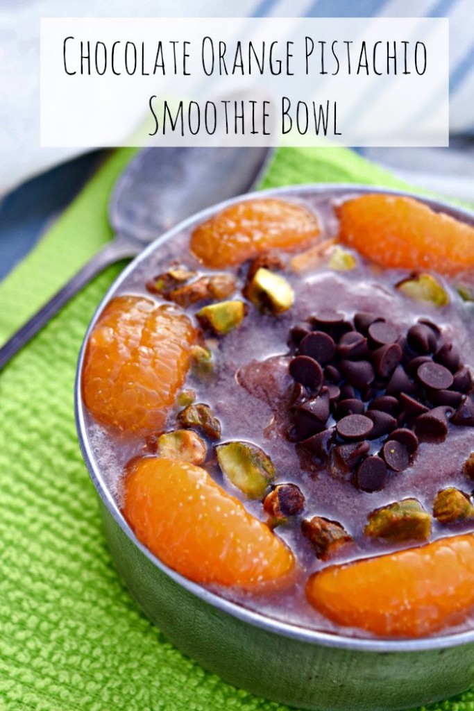 Keep things simple and sweet with this 4 ingredient Chocolate Mandarin Orange Pistachio Smoothie Bowl.