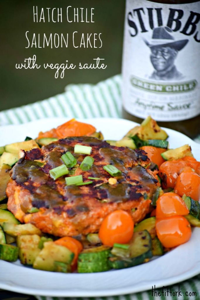 Hatch Green Chile Salmon Cakes with Summer Veggie Saute gets a kick of southwestern green goodness from Stubbs Green Chile Anytime Sauce.