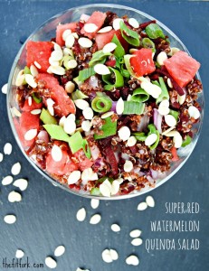 “Super Red” Watermelon Quinoa Salad with Sprouted Watermelon Seeds is perfect for outdoor summer entertaining and packs well in lunch boxes