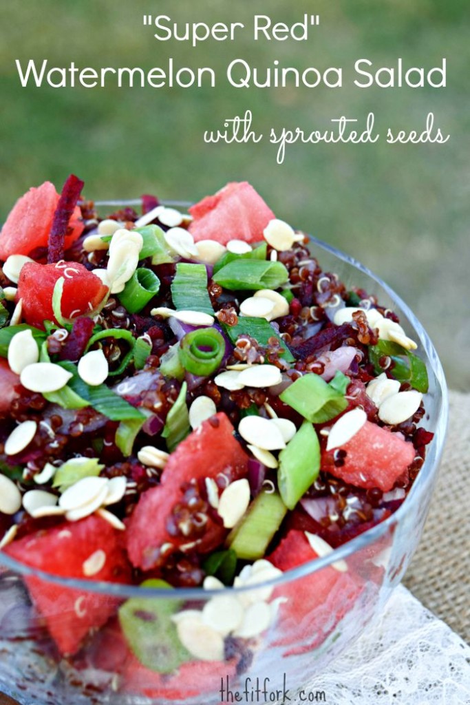 Super Red Watermelon Quinoa Salad with Sprouted Watermelon Seeds has a secret ingredient -- beets!