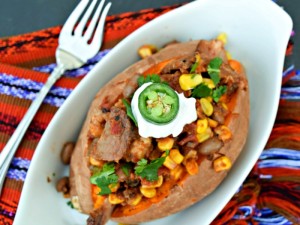 Cowboy Beef Brisket, Bean and Corn "Slop"  on Sweet Potato makes a quick and healthy meal solution!