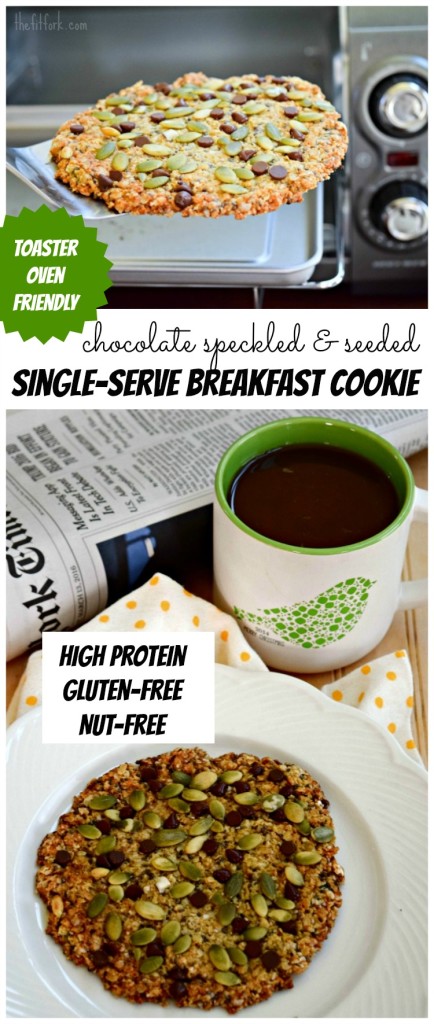 Single Serve Chocolate Speckled and Seeded Breakfast Cookie for Toaster Oven can be made in a conventional or toaster oven! It's also gluten-free and nut-free, plus sugar-free and dairy free without the chocolate chips.  268 calories and 16g protein for this jumbo, giant cookie!
