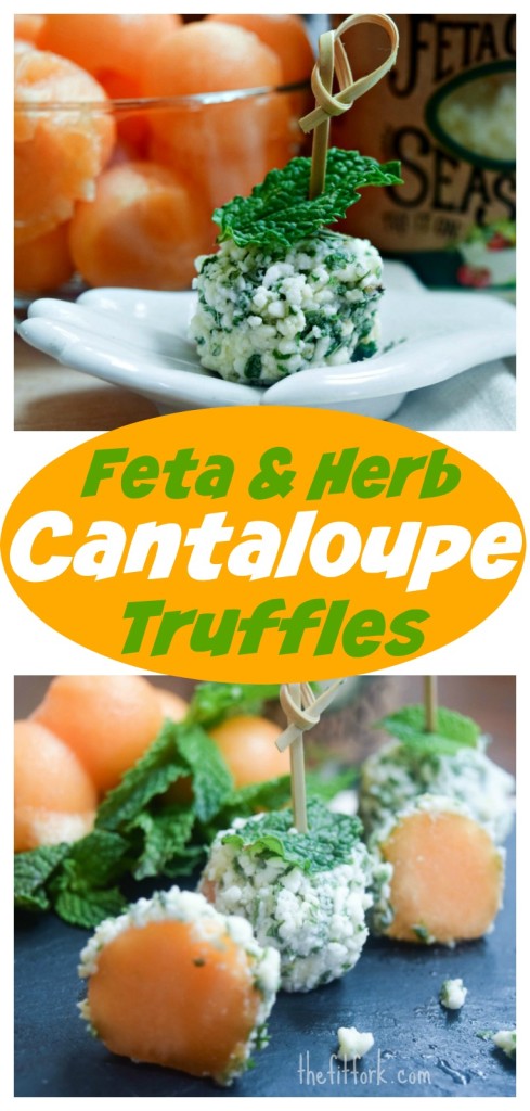 Fet & Herb Cantaloupe Truffles are an easy, no cook appetizer for your next summer party. The sweet and salty flavors in this fruit and cheese recipe work so well together!