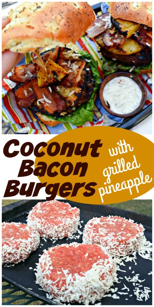Coconut Bacon Burgers with Grilled Pineapple