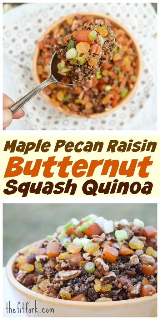 Maple Pecan Raisin Butternut Squash Quinoa can be served warm, room temperature or cold -- it's a healthy vegetarian side dish or salad packed with protein and wholesome energy.