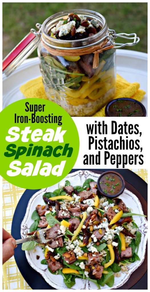 uper Iron Boosting Steak Spinach Salad with Dates, Pistachios and Peppers is a quick and easy meal-solution made with leftover beef. Nearly every ingredients is an abundant source of iron, making it perfect for athletes or those with anemia.