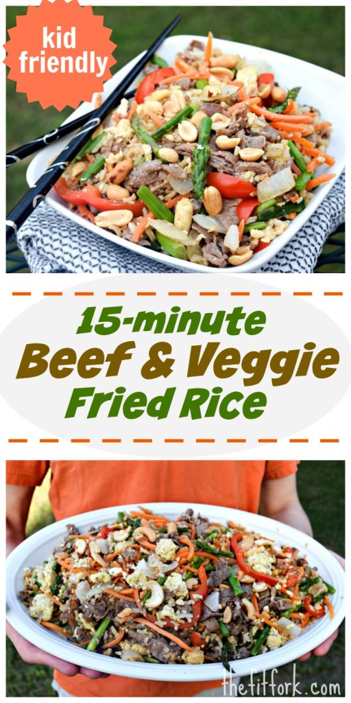15 minute Beef & Veggie Fried Rice is a super-quick way to get a vibrant and very healthy meal on the table. Plus, its simple enough that younger kids can help and older kids can cook on their own!