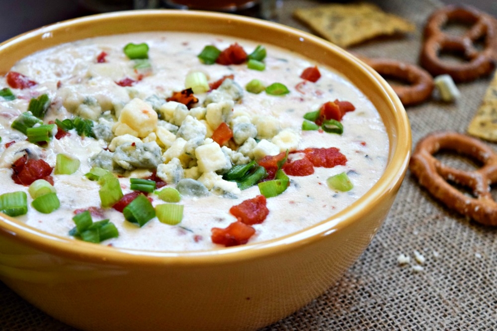 Lower-Fat Blue Cheese Queso makes a great football game day snack served with baked chips, pretzels or veggies.