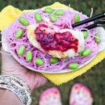 Dragon Fruit Coulis Atlantic Cod with Pinkened Rice Vermicelli