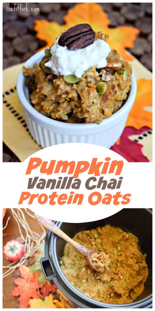 Pumpkin Vanilla Chai Protein Protein Oats -- 288 calories, 26g protein, fiber and healthy carbs to fuel your day or workout. Plus, this recipe is made in a rice cooker in just 5 to 10 minutes.