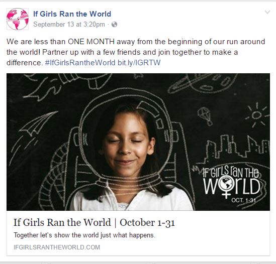 If Girls Ran the Word virtual running event October 1 - 31, 2016.