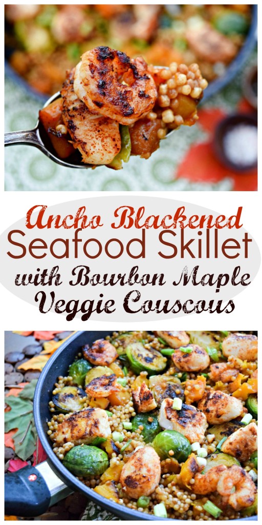 Ancho Blackened Seafood Skillet with Bourbon Maple Veggie Couscous is a one dish, 20 minute dinner that is perfect for fall weeknights. 