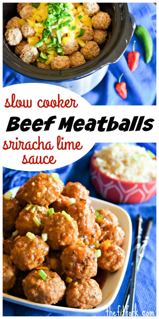 Slow Cooker Beef Meatballs with Sriracha Lime Sauce is a super simple, easy party appetizer or easy weeknight main dish.