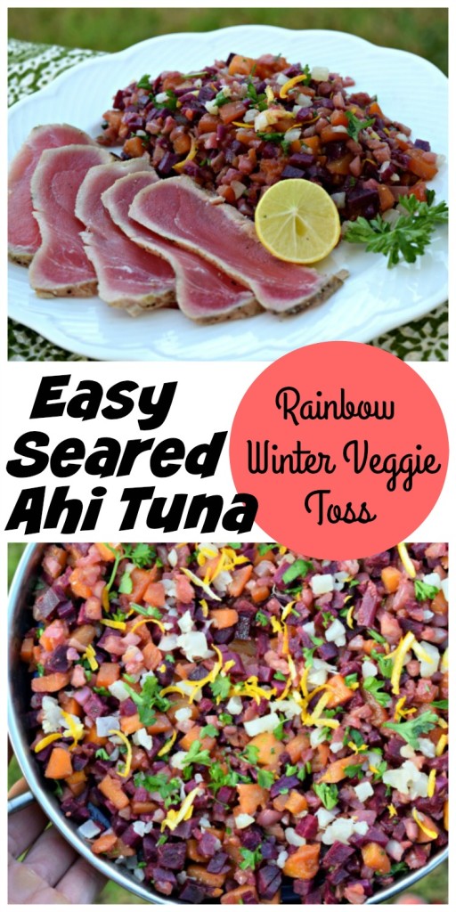 Easy Seared Ahi Tuna with Rainbow Winter Veggie Toss makes a quick, convenient and healthy weeknight dinner.