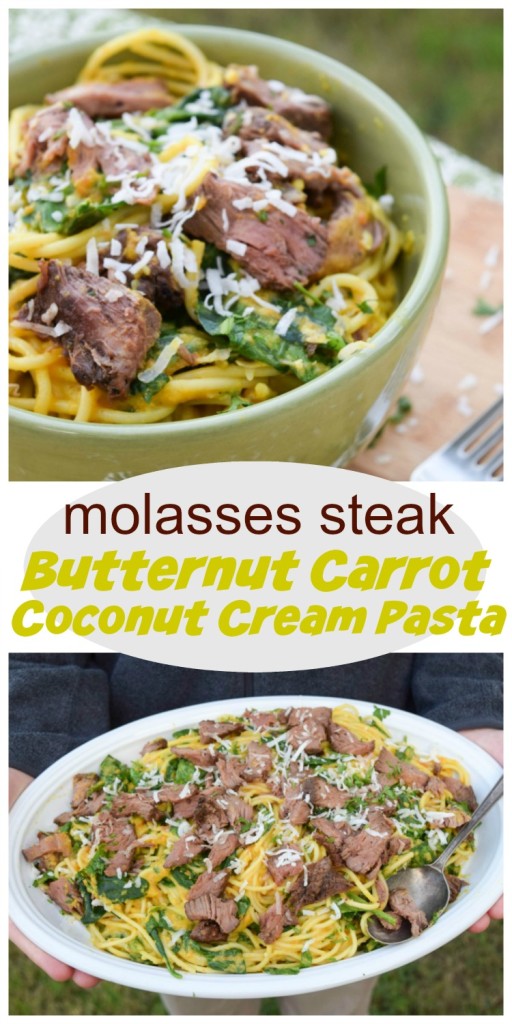 Molasses Steak on Butternut Carrot coconut Cream Pasta seems rich and sinful, but is actually a health and diary-free dinner.