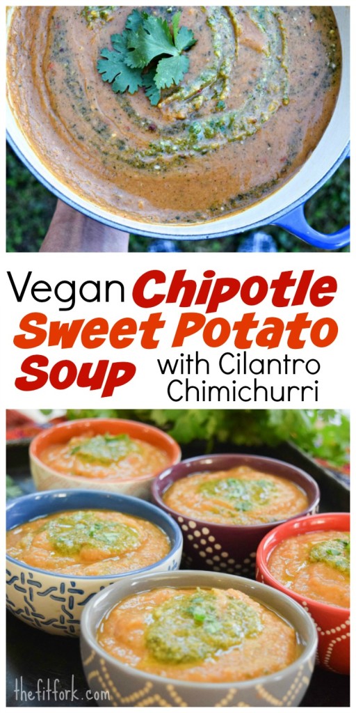 Vegan Chipotle Sweet Potato Soup makes a hearty, healthy meal on busy nights. Pureed beans in the soup add extra protein, making this a great meal solution for vegans, vegetarians and those looking to go meatless for the night.