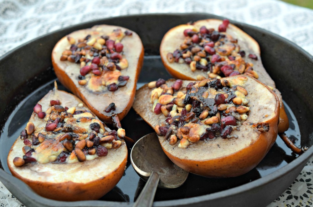 Pomegranate Roasted Pears with Blue Cheese and Pine Nuts