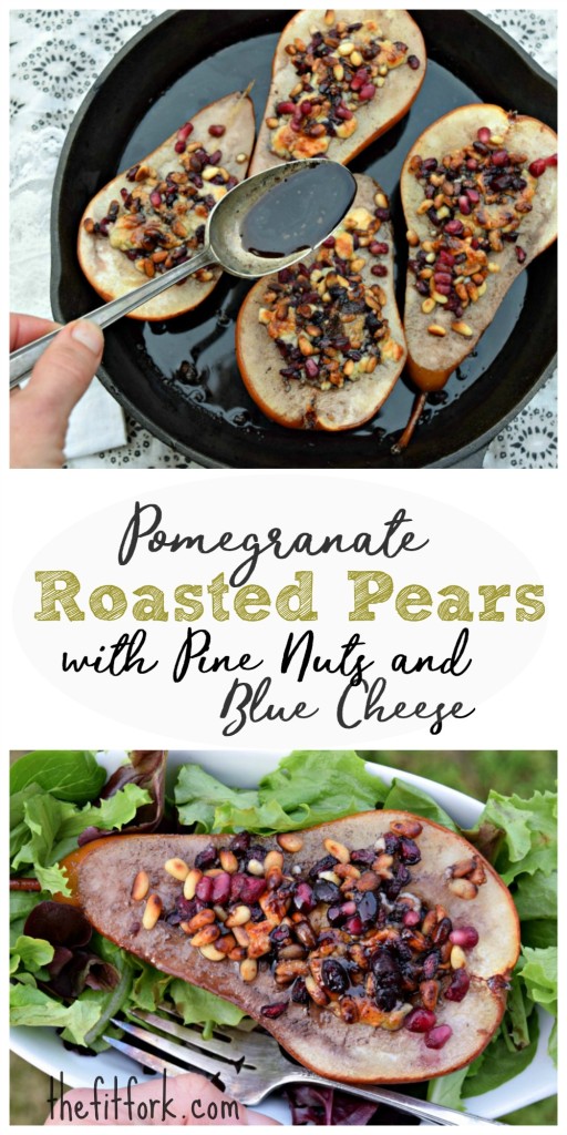 Pomegranate Roasted Pears with Pine Nuts & Blue Cheese makes a simple yet sophisticated dessert in 30 minutes. A healthy option for your dinner party , use leftovers as a sweet-savory addition to a green salad. 