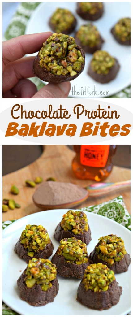 Chocolate Protein Baklava Bites is a no cook healthy snack that is perfect for pre or post workout. Made with protein powder, honey, pistachios, dates, coconut oil -- it's nature's candy!
