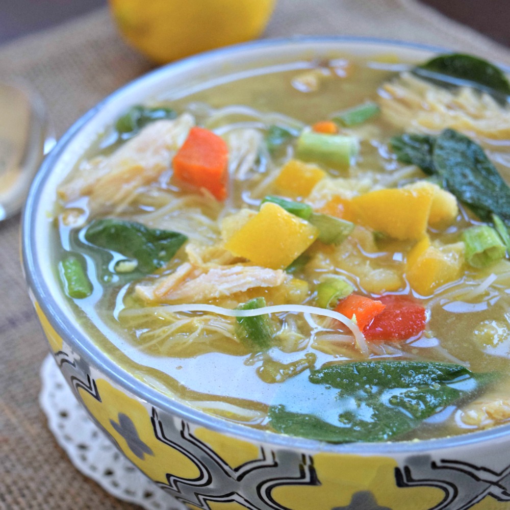 Lemon Ginger Chicken Noodle Soup makes a nourishing lunch or light dinner. It's gluten-free with rice noodles and can be meal-prepped with my bonus instructions.