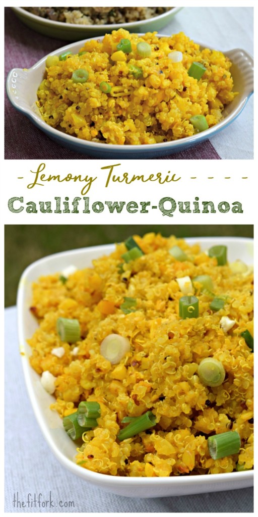Lemony Turmeric Cauliflower-Quinoa is a 20 minute meal or side dish  that is packed with nutrition. It's just as good cold as hot, making it perfect for packed lunches and dinner.