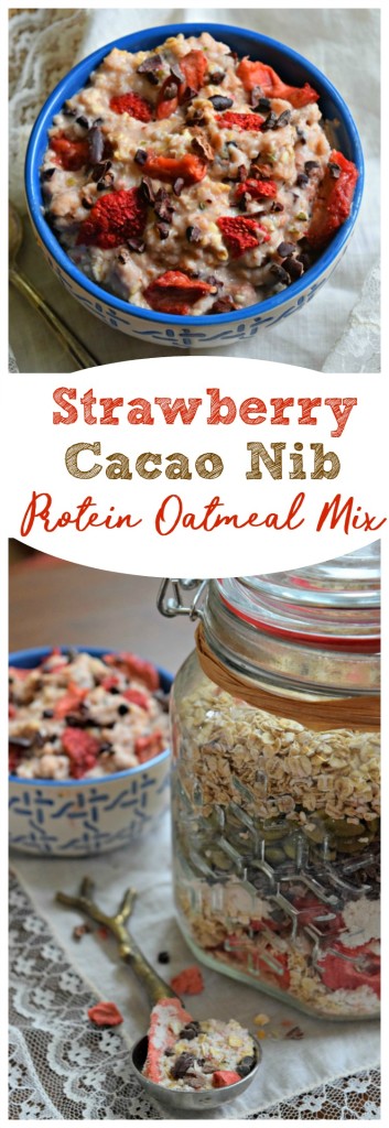 Strawberry Cacao Nib Protein Oatmeal Mix can be prepped ahead of time and kept in the pantry for months. Just add water or milk and microwave for one minute for a quick and nutritious breakfast for busy weekdays.
