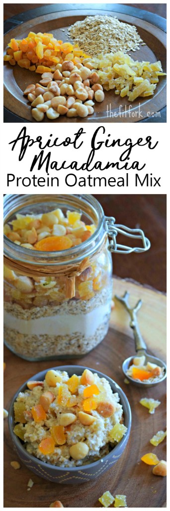 Apricot Ginger Macadamia Protein Oatmeal Mix can be meal prepped as a dry DIY mix or portioned into single serve packets for quick and easy breakfasts.
