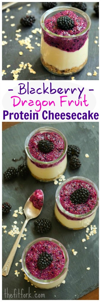 No Bake Blackberry Dragon Fruit Cheesecake makes a balanced breakfast, healthy dessert or yummy post-workout snack. With 25 grams of protein and under 300 calories, you will slay the day! Good for meal prep too!