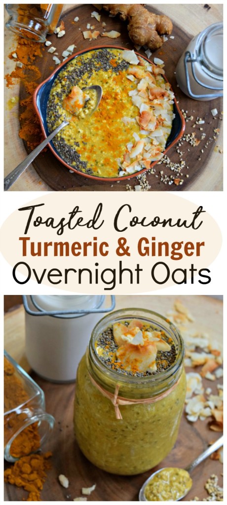 TToasted Coconut Turmeric and Ginger Overnight Oats make a hearty, healthy healing breakfast. Perfect for busy mornings, meals on the go and meal prepping.