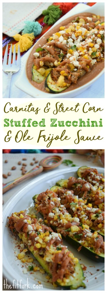 Carnitas & Street Corn Stuffed Zucchini with Ole Frijole Pinto Bean Sauce makes a healthy 30 minute weeknight dinner that the family will love. Easy to make ahead the night before and cook the next day. 