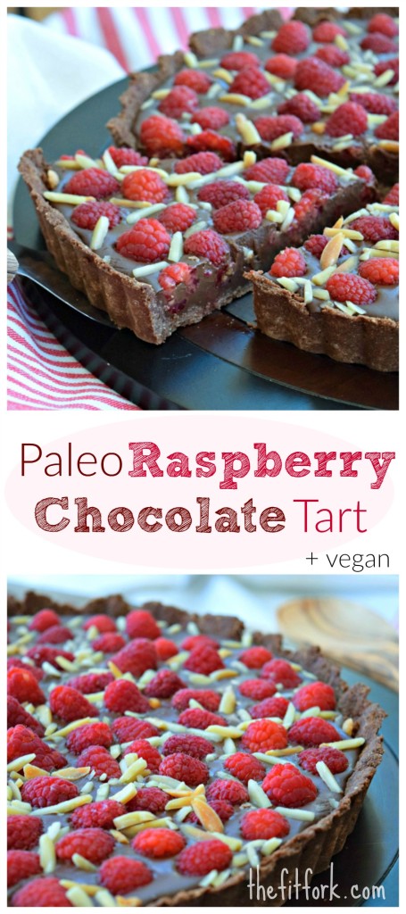 Paleo Raspberry Chocolate Tart is a 30 minute dessert recipe that is showy enough for a special celebration. Crust is gluten free and also no-dairy or honey-- so vegan freindly. 