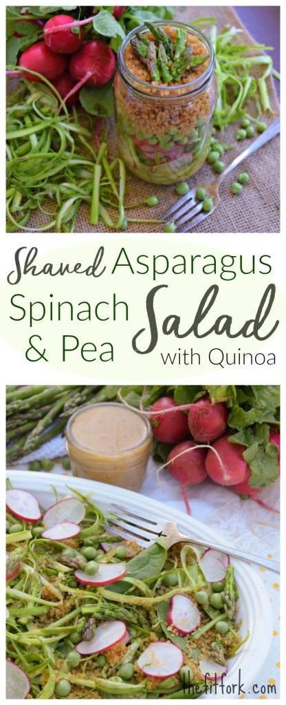 Shaved Asparagus, Spinach and Pea Salad with Quinoa is a farmer's market fresh spring salad  perfect for a vegetarian meal, meatless monday, spring celebration or even to pack in a jar and take to work or school.
