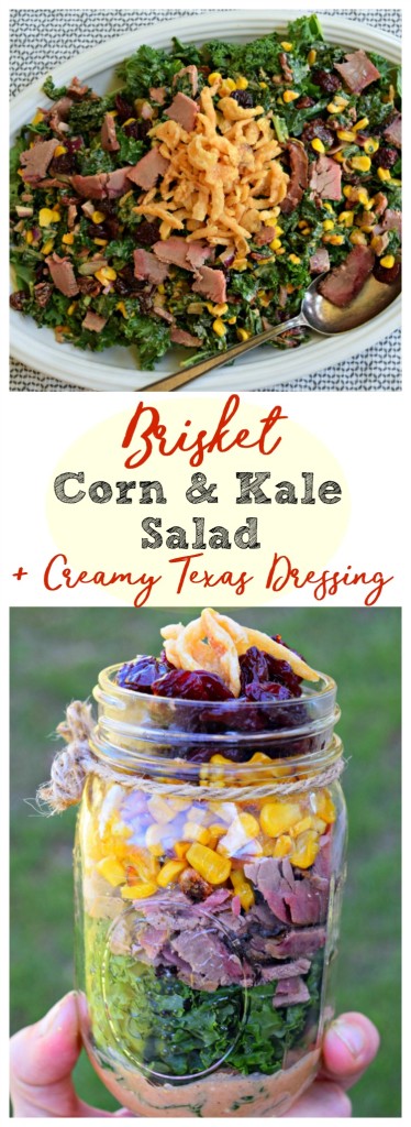 Brisket Corn and Kale Salad with Low Fat Creamy Texas Dressing turns leftover beef into a healthy, quick meal for dinner or to back in a jar or lunch box .