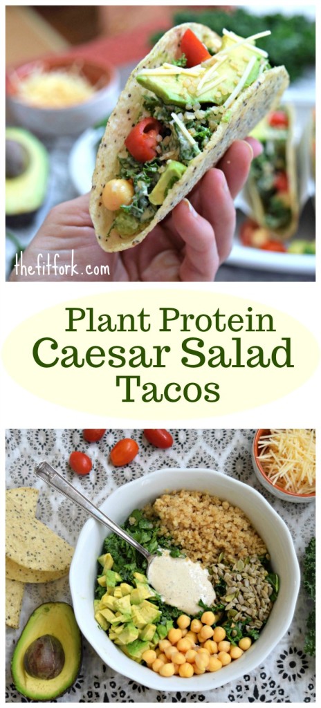 Plant Protein Caesar Salad Tacos - made with kale, quinoa, chickpeas, and pepitas, this hearty salad makes a hearty filling for taco shells. A 10 minute recipe that requires no cooking other than warming the taco shells).
