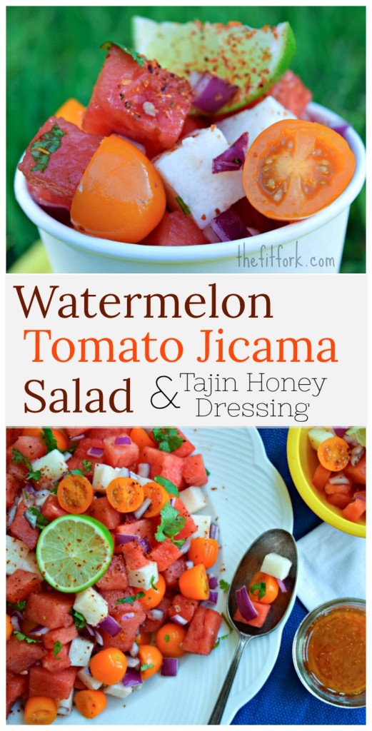 Watermelon Tomato Jicama Salad with Tajin Honey Dressing is a 10 minute fruit salad recipe that is perfect for summer gatherings from Memorial Day, 4th of July and other casual entertaining. It's hydrating, healthy and has just a slight "bite" with a dressing made from honey, lime juice and Tajin chile seasoning.