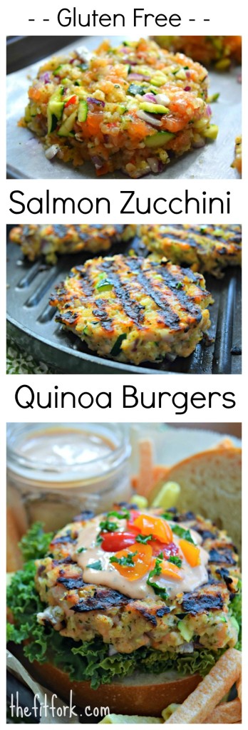 Gluten Free Salmon Zucchini Quinoa Burgers are a delicious option to traditional beef or turkey burgers. Using veggies keeps them moist on the grill and quinoa acts as a allergy-friendly binder.