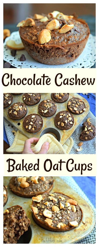 Chocolate Cashew Baked Oat Cups make a great grab-and-go breakfast or anytime snack. Made with unsweetened almond milk, plant-based protein powder, oats and other wholesome ingredients. Dairy-free, gluten-free and easy meal prep to make ahead and freeze.