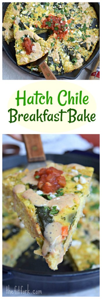 Hatch Chile Breakfast Bake is a supper yummy, southwestern vegetarian dish that is also idea for lunch or dinner! If Hatch green chiles aren't in season, Poblano pepper can be used instead! Hearty yet healthy, this budget-friendly egg recipe has 18g protein and 320 calories. 