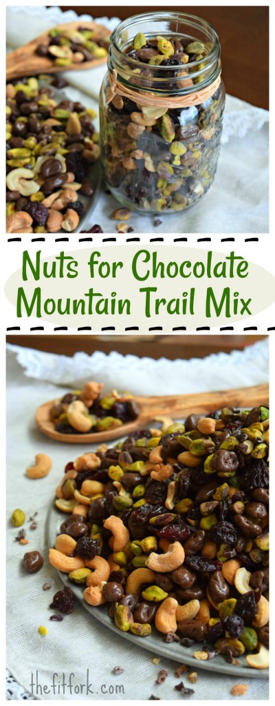 Nuts for Chocolate Mountain Trail Mix makes a healthy, energy-dense snack to fuel your active pursuits like trail running, hiking, camping, skiing -- or even for munching after school in the office. It includes chocolate, blueberries, cherries, cashews, pistachios, an cacao nibs.