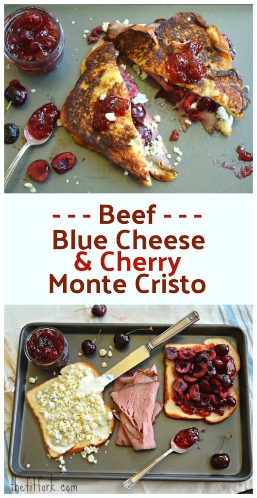 Beef and Blue Cheese Monte Cristo with Cherries is a fun and flavorful twist on this classic sandwich dipped in an egg wash before grilling. Super simple to make, yet with a fancy vibe for your lunch or sandwich supper night!